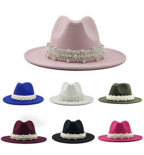 New Elegant Lady Winter Wide Brim Hat Women Wool Fedora Felt Hat With Pearl