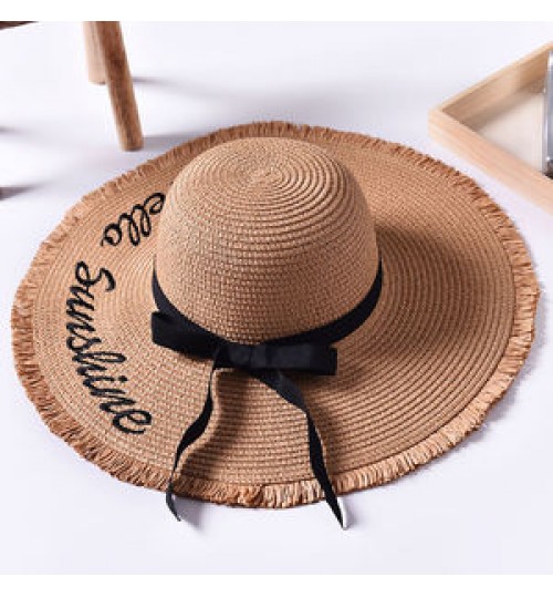 Wide Brim Sun Hats For Women Letter Embroidery Black Bow Panama Straw Hat Folded Floppy Beach Ladies Caps