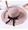 Wide Brim Sun Hats For Women Letter Embroidery Black Bow Panama Straw Hat Folded Floppy Beach Ladies Caps