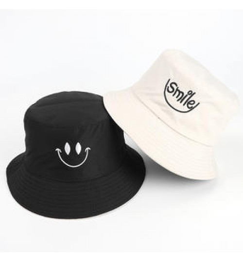 Fisherman Hat Lady Smiling Face Embroidery Double-Sided Smile Bucket Hat Outdoor Unisex Sunshade Hat