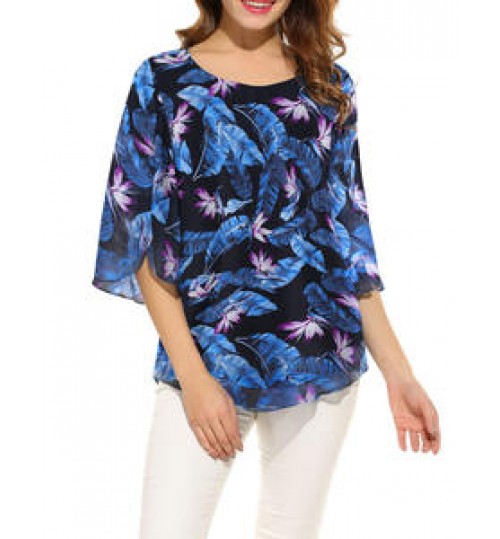 custom new lady five-point flare sleeve floral chiffon blouse women tops