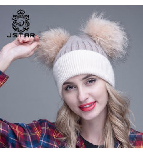 Warm Winter Knit Beanie animal fur winter hat lady hat beanie hats double fur balls