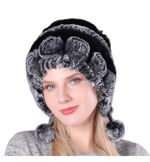 wholesale Womans rex Rabbit Fur Hat Warm Winter Skull Beanie Knit Hats lady winter hat