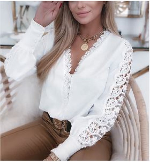 Elegant ladies White Cut Out Tops Shirt V Neck Women Solid Contrast Lace Blouse