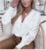 Elegant ladies White Cut Out Tops Shirt V Neck Women Solid Contrast Lace Blouse