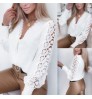 Elegant ladies White Cut Out Tops Shirt V Neck Women Solid Contrast Lace Blouse