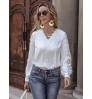 Elegant ladies White Cut Out Tops Shirt V Neck Women Solid Contrast Lace Blouse