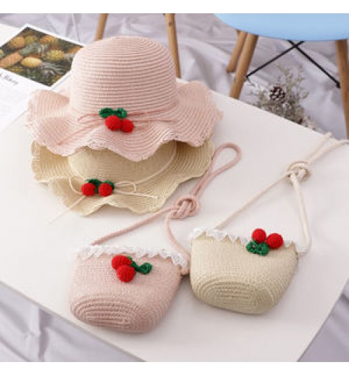 Fashion style 2pcs set flower straw hat & bag set kids Flower Straw Hat for girl Straw Summer Lady Hat