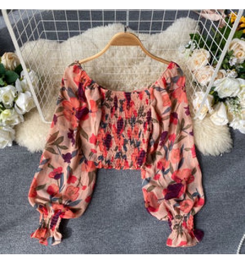 TW863A 2020 Hot trend Fashion Puff Sleeve Flower Print Crop Top Chiffon Blouse Short Shirt Women Blouse