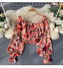 TW863A 2020 Hot trend Fashion Puff Sleeve Flower Print Crop Top Chiffon Blouse Short Shirt Women Blouse