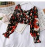 TW863A 2020 Hot trend Fashion Puff Sleeve Flower Print Crop Top Chiffon Blouse Short Shirt Women Blouse