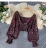 TW863A 2020 Hot trend Fashion Puff Sleeve Flower Print Crop Top Chiffon Blouse Short Shirt Women Blouse