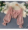 TW863A 2020 Hot trend Fashion Puff Sleeve Flower Print Crop Top Chiffon Blouse Short Shirt Women Blouse