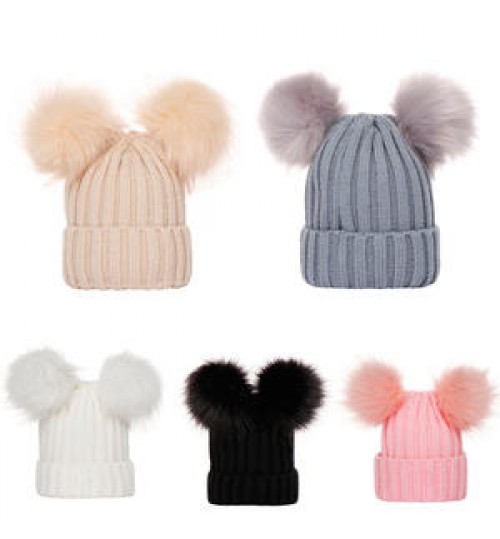 2022 Cute lady Beanies caps Crochet Warm Knit Fur Ball Hats Kids Removable Pom Winter Hat