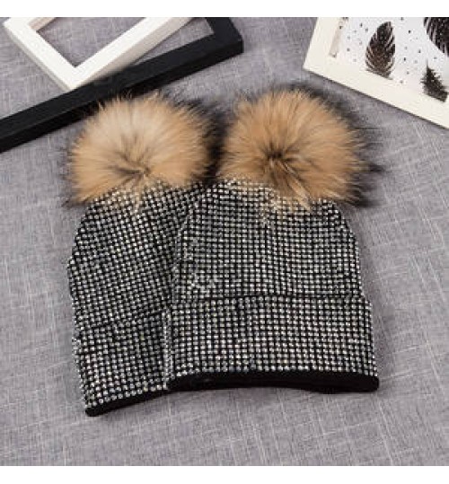 h100 knitted hat lady winter fur pom pom beanie hats rhinestones hats