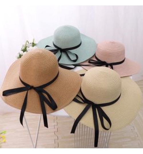 Fashion Straw Hat For Women Summer Casual Wide Brim Sun Cap With Bow-knot Ladies Vacation Beach Hats