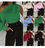 Fashion Chic Left Right Asymmetric One Sleeve Boat Neck Off Shoulder Woman Pure Color Fit Shirt Blouses Tops