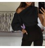 Fashion Chic Left Right Asymmetric One Sleeve Boat Neck Off Shoulder Woman Pure Color Fit Shirt Blouses Tops