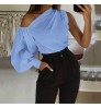 Fashion Chic Left Right Asymmetric One Sleeve Boat Neck Off Shoulder Woman Pure Color Fit Shirt Blouses Tops