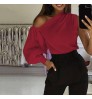 Fashion Chic Left Right Asymmetric One Sleeve Boat Neck Off Shoulder Woman Pure Color Fit Shirt Blouses Tops