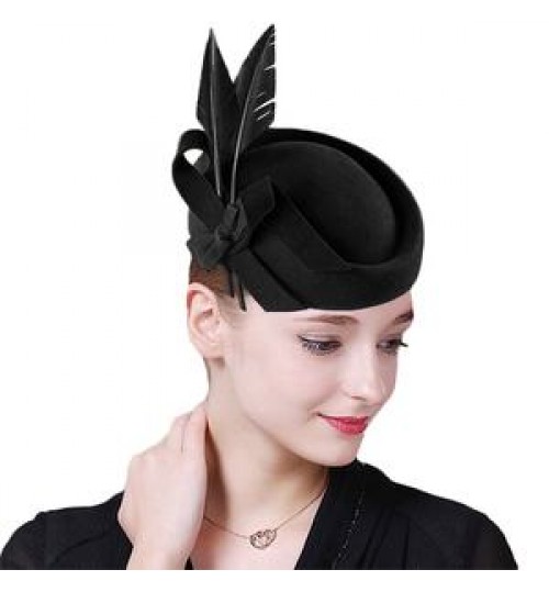 FS Elegant Autumn Church Fedoras Lady Derby Tea Party Hats Fascinators Royal Blue Black Wool Felt Feather Wedding Hats For Women