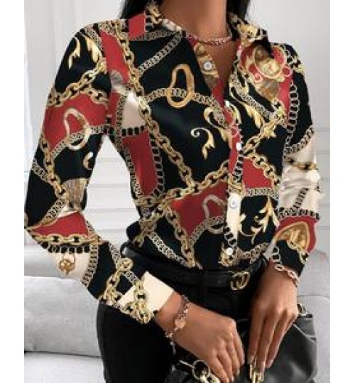 2021 Office Ladies Elegant Chain Print Shirt Blouses Women Casual Shirts Long Sleeve Blouse Turn-down Collar Button Tops