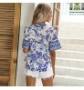 Women Elegant Short Tops Summer Retro Vintage Floral Print Blouse Western Tops For Women