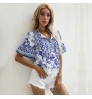 Women Elegant Short Tops Summer Retro Vintage Floral Print Blouse Western Tops For Women