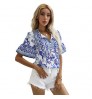 Women Elegant Short Tops Summer Retro Vintage Floral Print Blouse Western Tops For Women