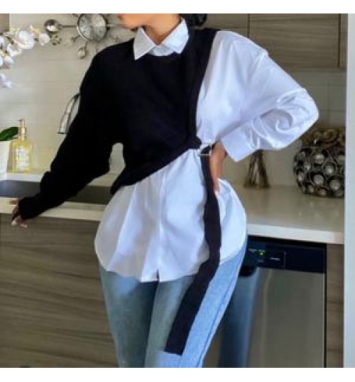 New Fashion Best Selling Women Fall Spring White Blouse Tops Patchwork Sweater Plus Size Women'S Blouses & Shirts