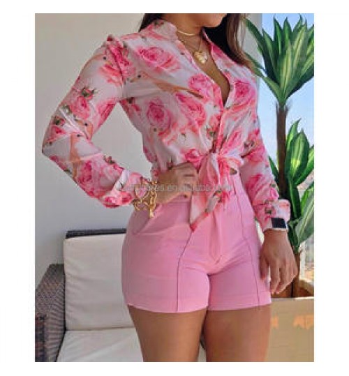 Dropship Women Floral Print Stand Collar Long Sleeve Tie Front Causal Top Shirt Blouse V Neck Ladies Top Casual Button Slim