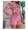 Dropship Women Floral Print Stand Collar Long Sleeve Tie Front Causal Top Shirt Blouse V Neck Ladies Top Casual Button Slim