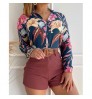 Dropship Women Floral Print Stand Collar Long Sleeve Tie Front Causal Top Shirt Blouse V Neck Ladies Top Casual Button Slim