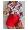 Dropship Women Floral Print Stand Collar Long Sleeve Tie Front Causal Top Shirt Blouse V Neck Ladies Top Casual Button Slim