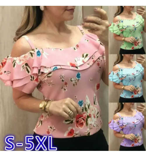 2022 ladies summer plus size shirts female floral print off shoulder short sleeve bodycon tops women casual blouse