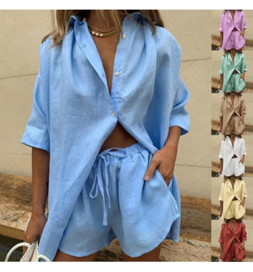 Women Two Pieces Linen Cotton Shirt Outfits Solid Sleepwear Casual Blouse Short Sleeve And Shorts Set