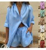 Women Two Pieces Linen Cotton Shirt Outfits Solid Sleepwear Casual Blouse Short Sleeve And Shorts Set