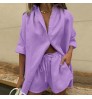 Women Two Pieces Linen Cotton Shirt Outfits Solid Sleepwear Casual Blouse Short Sleeve And Shorts Set