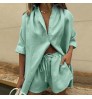 Women Two Pieces Linen Cotton Shirt Outfits Solid Sleepwear Casual Blouse Short Sleeve And Shorts Set