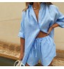 Women Two Pieces Linen Cotton Shirt Outfits Solid Sleepwear Casual Blouse Short Sleeve And Shorts Set