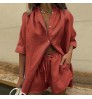 Women Two Pieces Linen Cotton Shirt Outfits Solid Sleepwear Casual Blouse Short Sleeve And Shorts Set