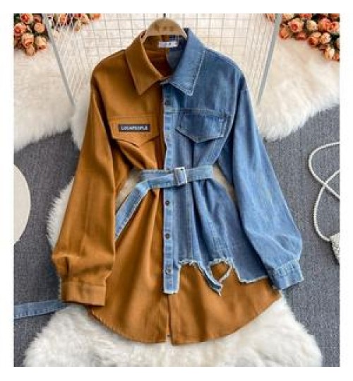 Fashion Splicing Lapel Dress New Korean Style Asymmetric Women Long Jeans Denim Top Shirt Ladies' Blouses