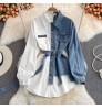 Fashion Splicing Lapel Dress New Korean Style Asymmetric Women Long Jeans Denim Top Shirt Ladies' Blouses