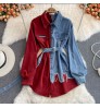 Fashion Splicing Lapel Dress New Korean Style Asymmetric Women Long Jeans Denim Top Shirt Ladies' Blouses