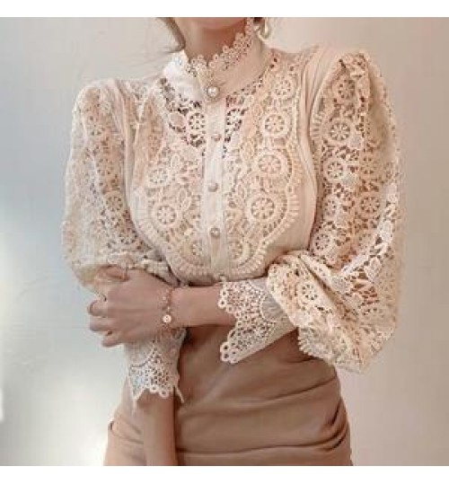 Trending Hollow Out Women's Elegant Lace Tops Blouses With Long Sleeve Pearl Button