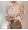 Trending Hollow Out Women's Elegant Lace Tops Blouses With Long Sleeve Pearl Button