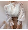 Trending Hollow Out Women's Elegant Lace Tops Blouses With Long Sleeve Pearl Button