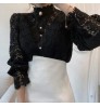 Trending Hollow Out Women's Elegant Lace Tops Blouses With Long Sleeve Pearl Button