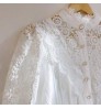 Trending Hollow Out Women's Elegant Lace Tops Blouses With Long Sleeve Pearl Button