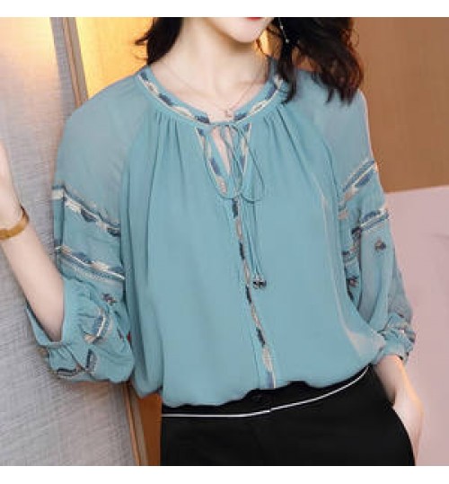 Vintage embroidered three quarter sleeve ladies loose chiffon tops and blouses